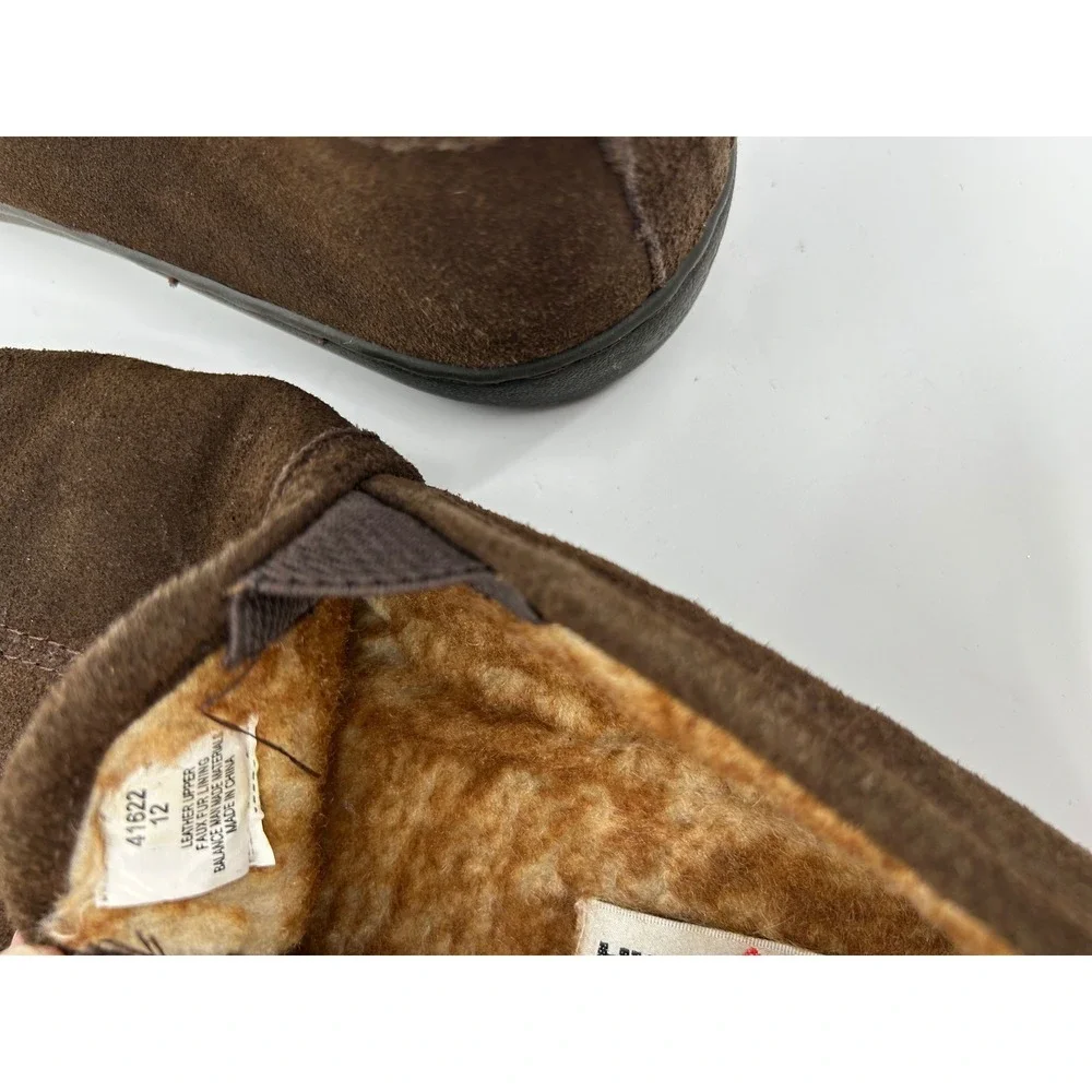 Minnetonka Suede Slippers Mens 12 Brown Excellent Faux Fur Lined Slip On 41622